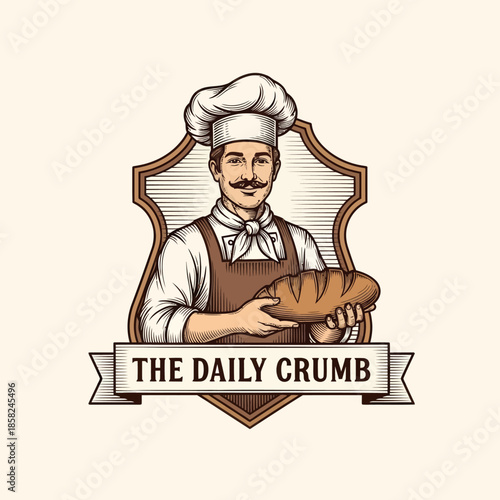 Charming Illustration of a Chef Holding Freshly Baked Bread for a Bakery