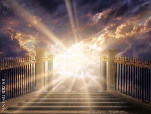 Golden gates opening to stairway to heaven light
