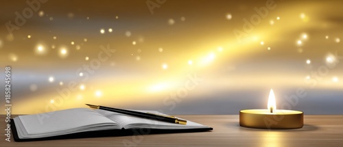 Notebook, pen, and candle illuminating creative writing