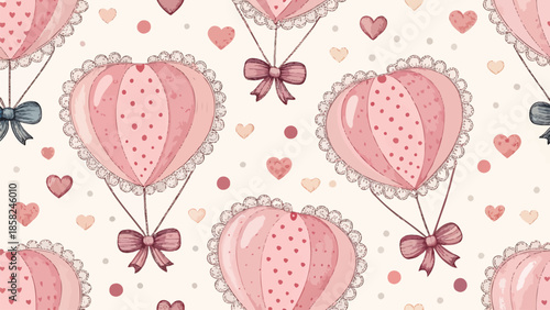 Whimsical pink heart balloons with bows on cream background for Valentine's Day