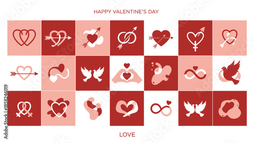 Valentine's Day icons with hearts, love symbols, and doves on red background