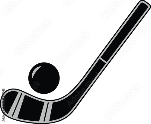 Minimal field hockey stick and ball icon illustration, sports equipment symbol, black and white flat vector design on white background