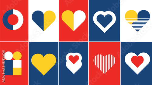 Vibrant heart symbols in modern geometric patterns and colors
