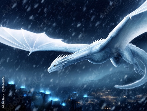 Ice dragon flying over a winter city at night