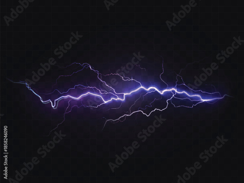 Dynamic purple and blue lightning bolt illuminating a dark, transparent background Vector