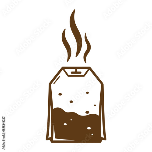Vintage A brown illustration of a tea bag with steaming hot water inside  isolated on white background
