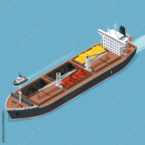 Large Cargo Ship with Containers and Tugboat.