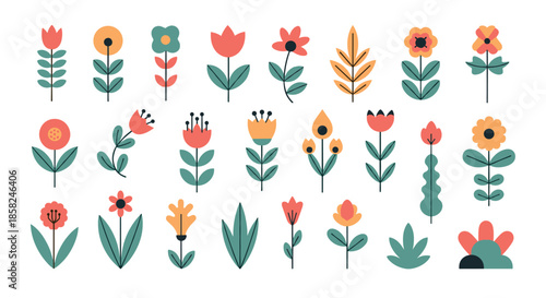 A vibrant collection of stylized folk art flowers and leaves in a simple flat design style for creating cheerful spring posters.