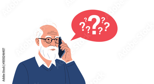 An elderly man with glasses talking on the phone looking confused with a large speech bubble full of question marks above him.