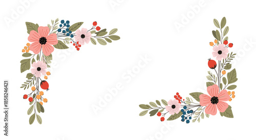A set of two beautiful floral corner arrangements with pink flowers berries and green leaves for creating elegant borders and frames.