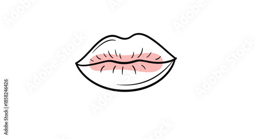 A simple and chic line art illustration of plump lips with a touch of pink color perfect for beauty and makeup branding.