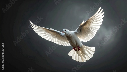 White dove in flight. Religious freedom day symbol. World religion day. Bird flying. Wings spread. Gray background. Light effect. Peace sign. Animal illustration.