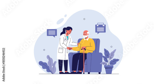 A caring female doctor or nurse providing support and medical care to an elderly male patient sitting in an armchair at home.