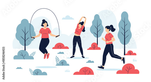 An illustration of a woman enjoying various outdoor fitness activities including running jumping rope and stretching in a park.