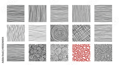 A diverse set of fifteen hand-drawn abstract background textures in square format featuring lines swirls and scribbled patterns.
