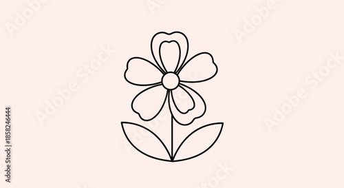 A simple and cute black line art drawing of a flower with six petals and two leaves on a soft pastel pink background.