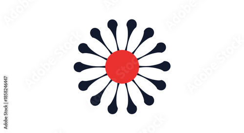 A simple and modern abstract logo of a flower or sun with a red center and fourteen black teardrop-shaped petals or rays.