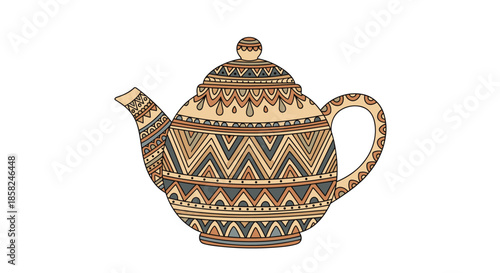 A beautifully decorated teapot with intricate hand-drawn geometric and tribal patterns in an earthy color palette for tea lovers.