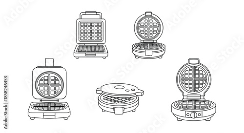 A collection of five different electric waffle maker appliances shown from various angles in a clean black and white line art style.