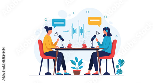 Two women hosting a podcast show sitting at a table with microphones having a conversation for a live broadcast or recording.