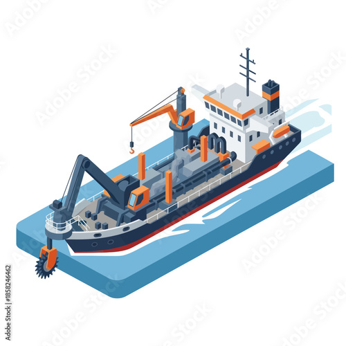 Dredging Ship with Crane and Equipment.