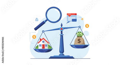 A flat design concept of real estate investment with scales balancing a house and a bag of money under a magnifying glass.