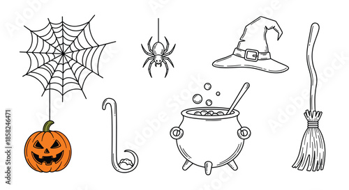 A fun set of hand-drawn Halloween doodle icons including a spider web witch hat cauldron and a jack-o-lantern on a string.