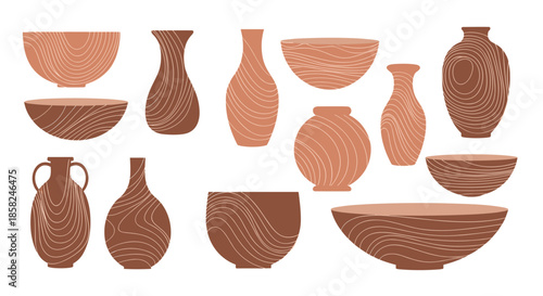 A collection of bohemian-style ceramic vases bowls and pots with a rustic wood grain texture for modern home decor concepts.