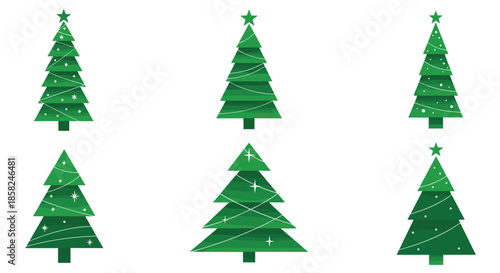 A collection of six decorated green Christmas trees in a simple flat design style perfect for holiday cards and decorations.