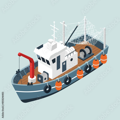 Tugboat with Orange Buoys and Red Pipe.