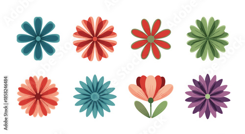 A colorful set of eight stylized flower icons with layered transparent petals in a variety of vibrant and cheerful colors.