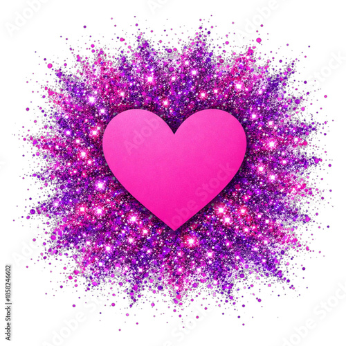 Vibrant pink heart surrounded by sparkling purple glitter