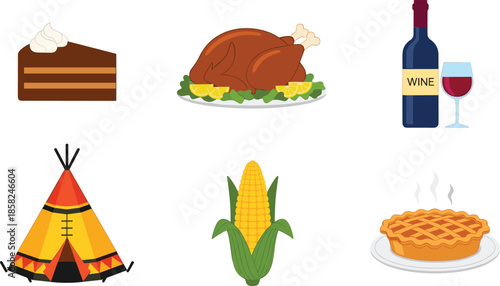 Thanksgiving traditional food and harvest elements collection with turkey, pumpkin pie, corn, cake, wine, teepee illustration icons isolated white background