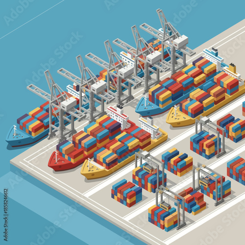 Isometric View of Shipping Containers and Cranes.