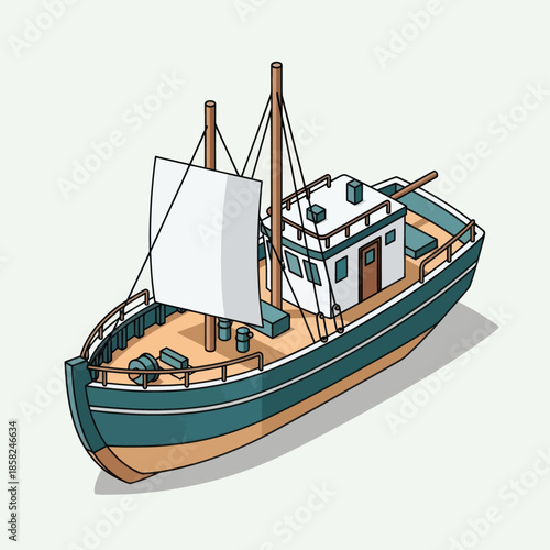 Sailboat with Cabin and Sails Illustration.