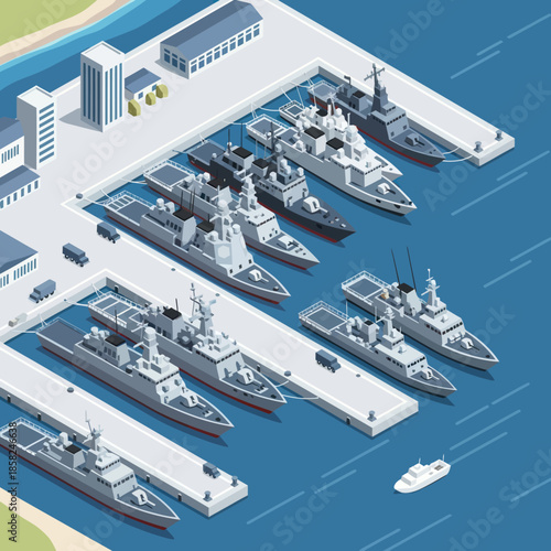 Navy Ships Docked at Harbor.