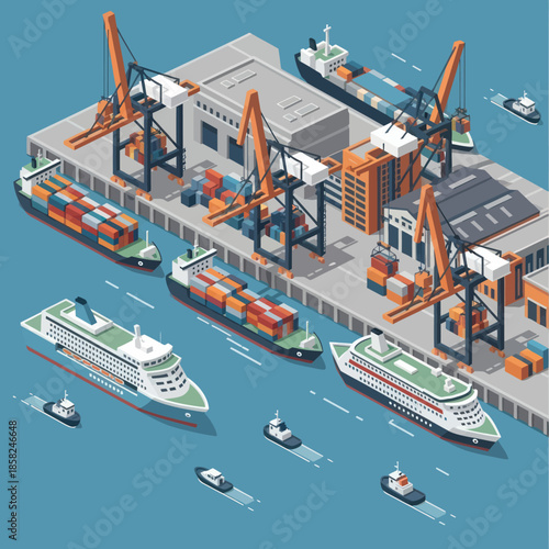 Isometric View of Busy Commercial Shipping Port.