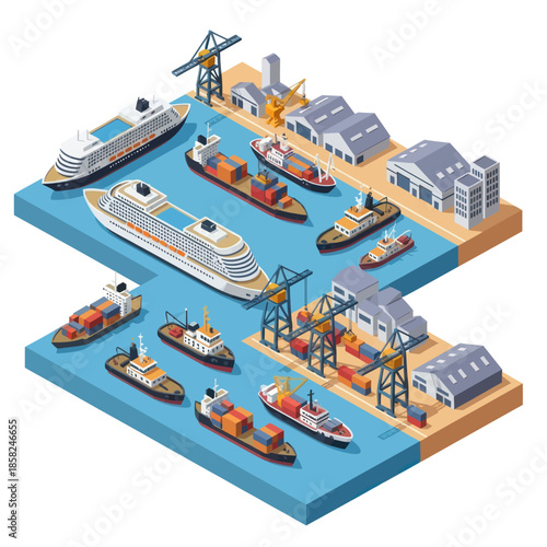 Isometric Illustration of Harbour with Various Vessels.