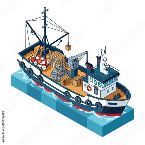 Isometric Illustration of Cargo Tugboat on Water.