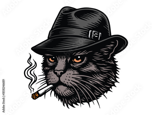 Grumpy black cat wearing a fedora hat smoking a cigar.