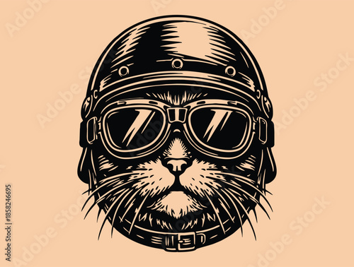 Cool black cat wearing a pilot helmet and vintage goggles.
