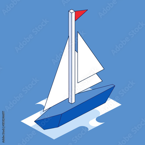Sailboat with White Sails and Red Flag.