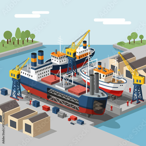 Large Cargo Ship with Smaller Vessels Docked.