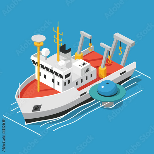 White Research Vessel with Equipment on Deck.