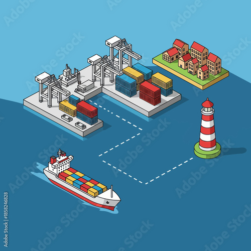 Cargo Ship Sailing Past Lighthouse and Port.