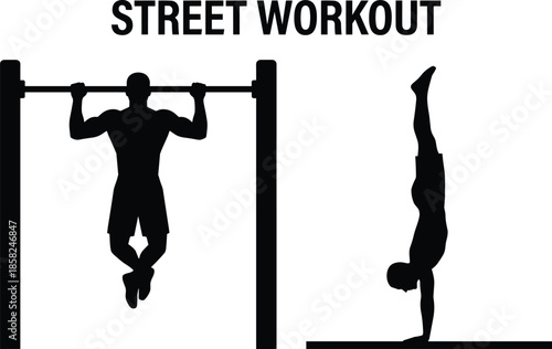 Black silhouette set of men performing street workout exercises including pull ups and handstand isolated on white background for fitness design