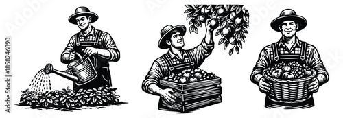 Set of three farmers gardening harvesting apples and carrying vegetables.