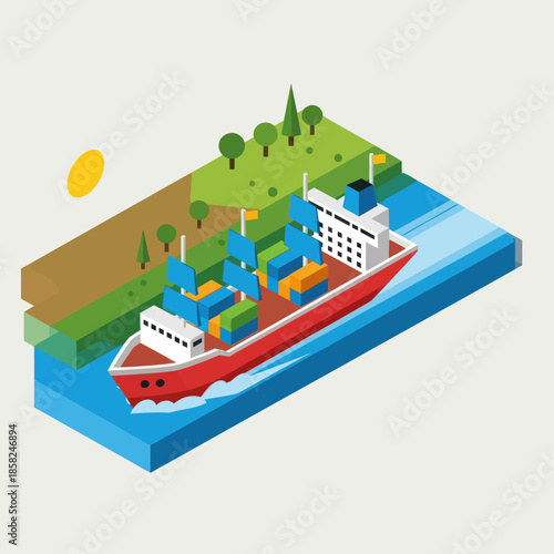 Isometric Cargo Ship with Containers on Water.