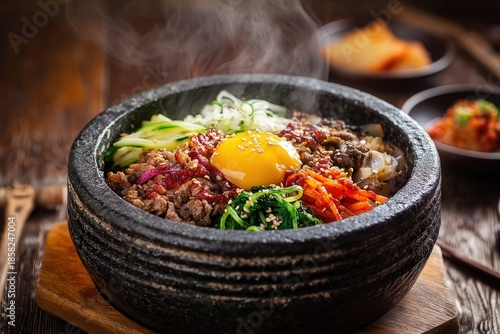 Authentic Korean Dolsot Bibimbap Served in Hot Stone Bowl