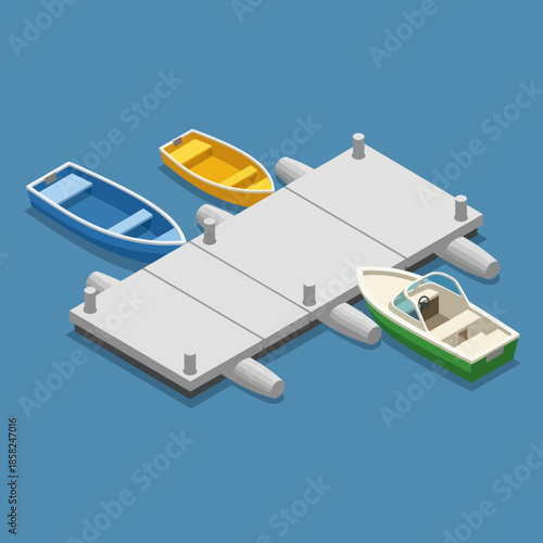 Three Small Boats Beside White Floating Dock.